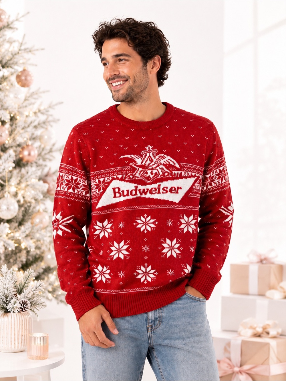 Budweiser Red Nordic Christmas Sweater | Unisex Holiday Crewneck Size Small (S)